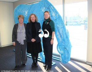 Lee Watts, Jenny Brown and Tash Taffe with Big Blue at the Scone Council office.