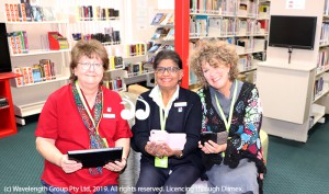 Kerry Cone, UHSC community service manager, Elizabeth Walter, UHSC Library Co-ordinator and Cr Sue Abbott at Scone Library.